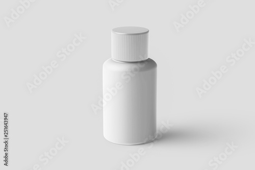 Medicine Plastic Bottle on soft gray background. White plastic bottle Mock-up. Medicine and vitamins, examples and templates isolated. 3D rendering.