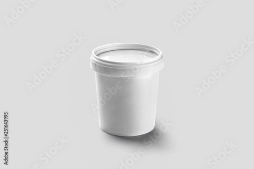 White Plastic Bucket with White lid isolated on soft gray background. Product Packaging For food, foodstuff or paints. Mock-Up Template For Your Design. 3D rendering