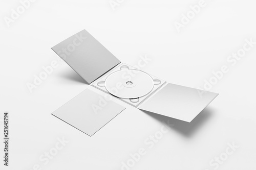 Realistic CD disc and carton packaging cover template mock up. Digipak case of cardboard CD drive. With white blank for branding design or text. isolated on soft gray background.3D rendering. photo