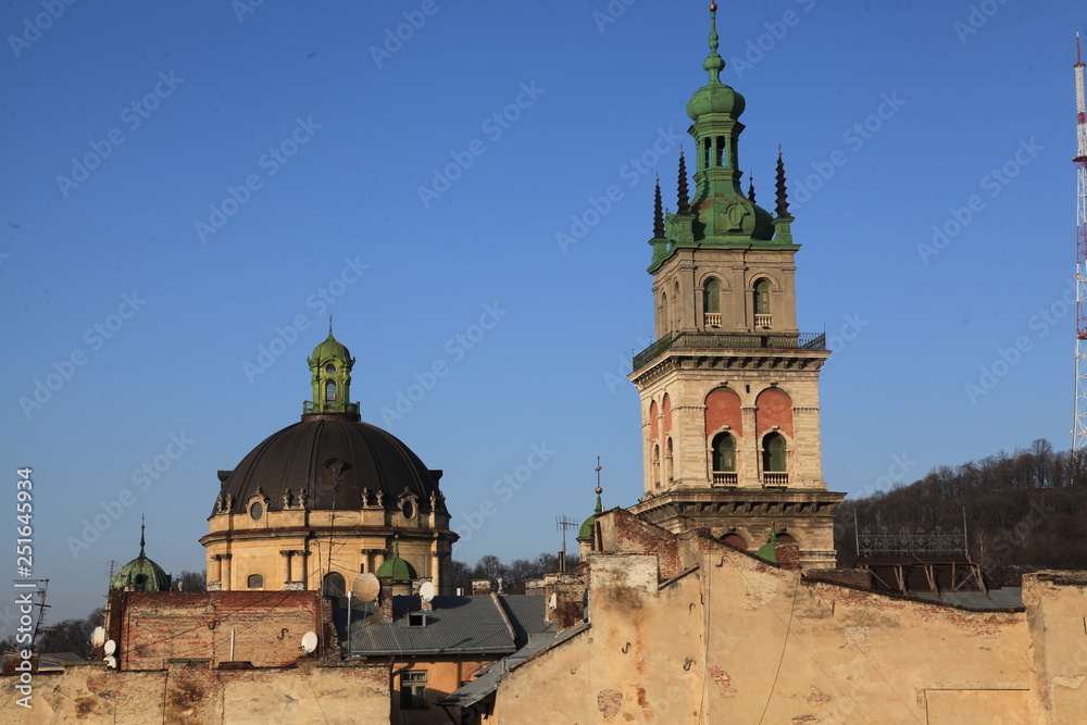Lviv / Ukraine - 01.01.2019: Lviv rooftops  a view from House of Legend