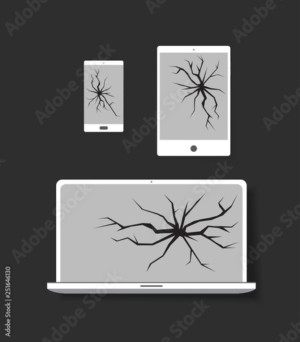 Set of electronic equipment: notebook, tablet and smartphone vector graphic with broken screens.