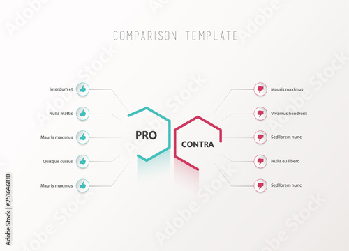 Pros and Contras comparison vector template light vector template with blue and purple hexagons and circles and place for your comparison text. photo