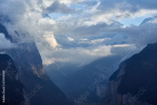 Cloudy view of the mountains in Lauterbrunnen valley in Switzerland.