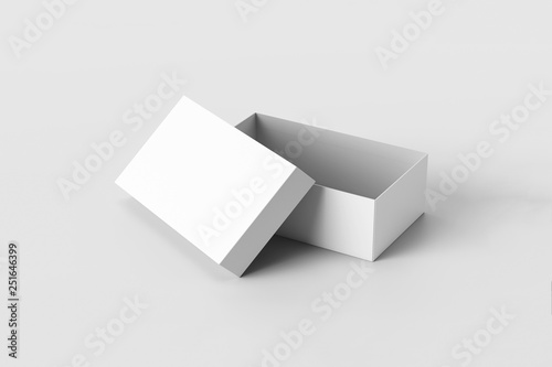 Realistic White Blank Shoe Boxes, isolated on soft gray background. Mock-up for your design.3D rendering.