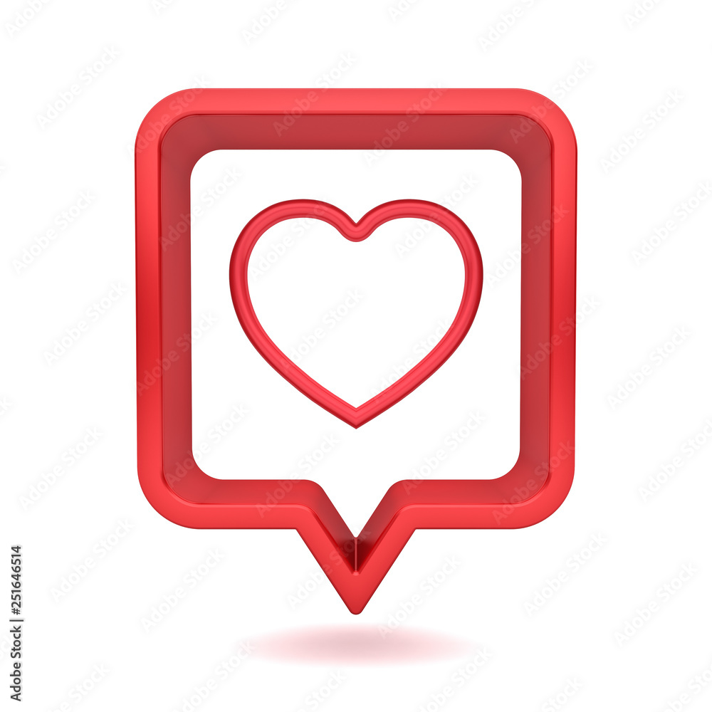 3d social media notification love like heart icon in red rounded square pin isolated on white background with shadow 3D rendering