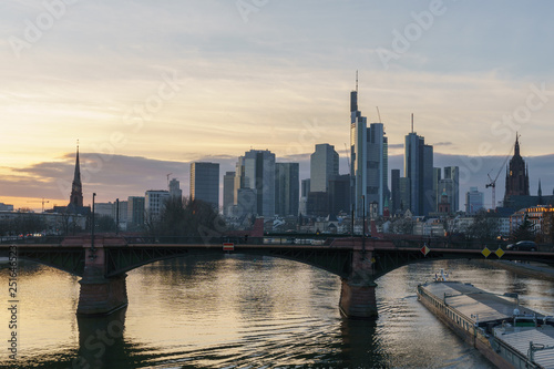 Stunning sunset view of financial skyline in Frankfurt