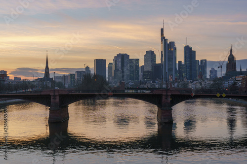 Stunning sunset view of financial skyline in Frankfurt