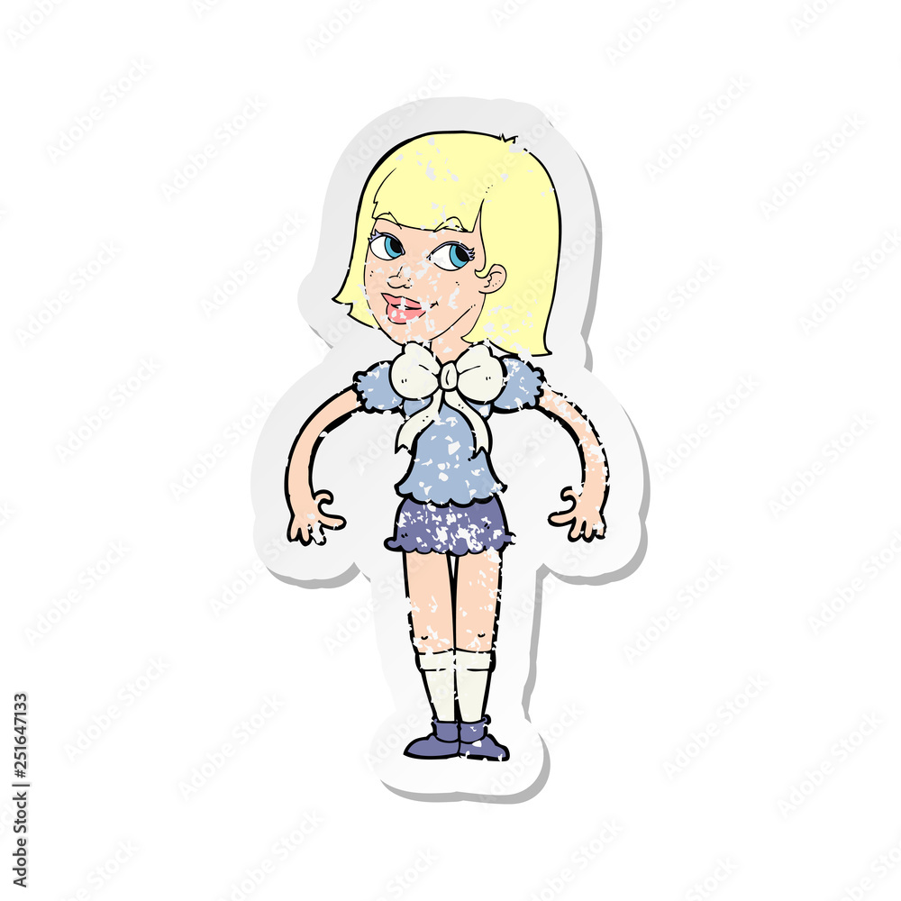 retro distressed sticker of a cartoon woman wearing a big bow tie retro distressed sticker of a cartoon woman wearing a big bow tie