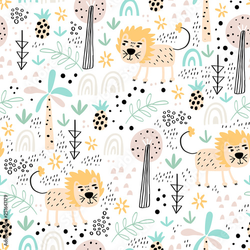 Childish seamless pattern with cute lion and tropical plants. Vector texture in childish style great for fabric and textile, wallpapers, backgrounds. Pastel colors.