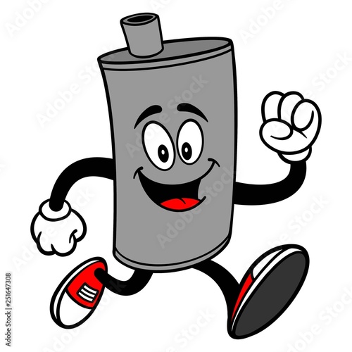 Car Muffler Mascot Running - A vector cartoon illustration of a car muffler mascot running.