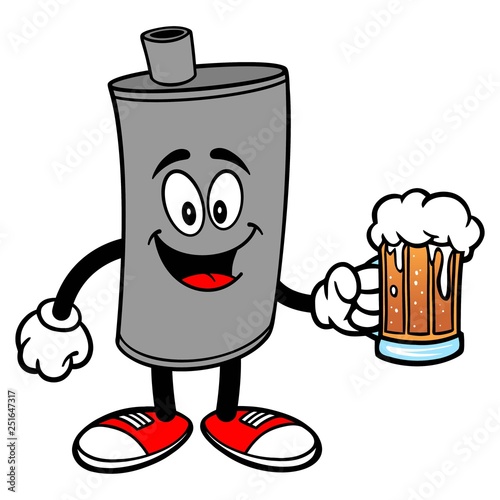 Car Muffler Mascot with a Beer - A vector cartoon illustration of a car muffler mascot with a mug of Beer.