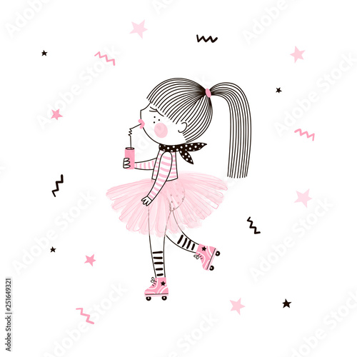 Cute little girl in pink ballerina skirt on roller skates with soda drink. Simple minimalistic vector doodle illustration for girls. Perfect for summer textile apparel t-shirt print, wall art, poster