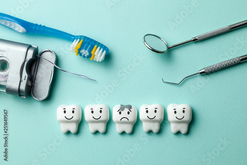 Healthy white teeth are smiling and tooth with caries is sad on green mint background. Toothbrush floss and dentist tools mirror, hook.