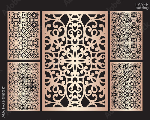 Laser cut ornamental panels set with pattern, template for cutting. Ratio 2:3. Wedding invitation or greeting card template. Cabinet fretwork screen. Metal design, wood carving.