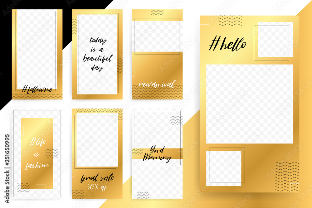 Set of 7 Bright editable template for Stories and Streams. Trendy gold fashion color. Vector illustration