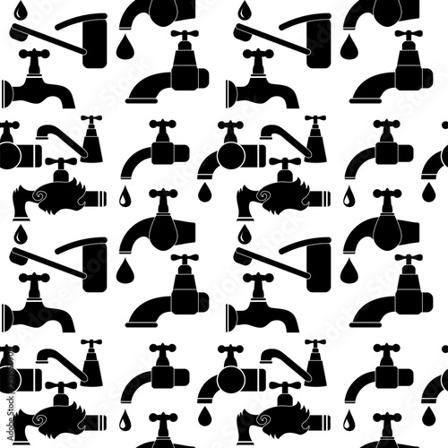 Water Tap and Water Drop Seamless Pattern Isolated on White Background