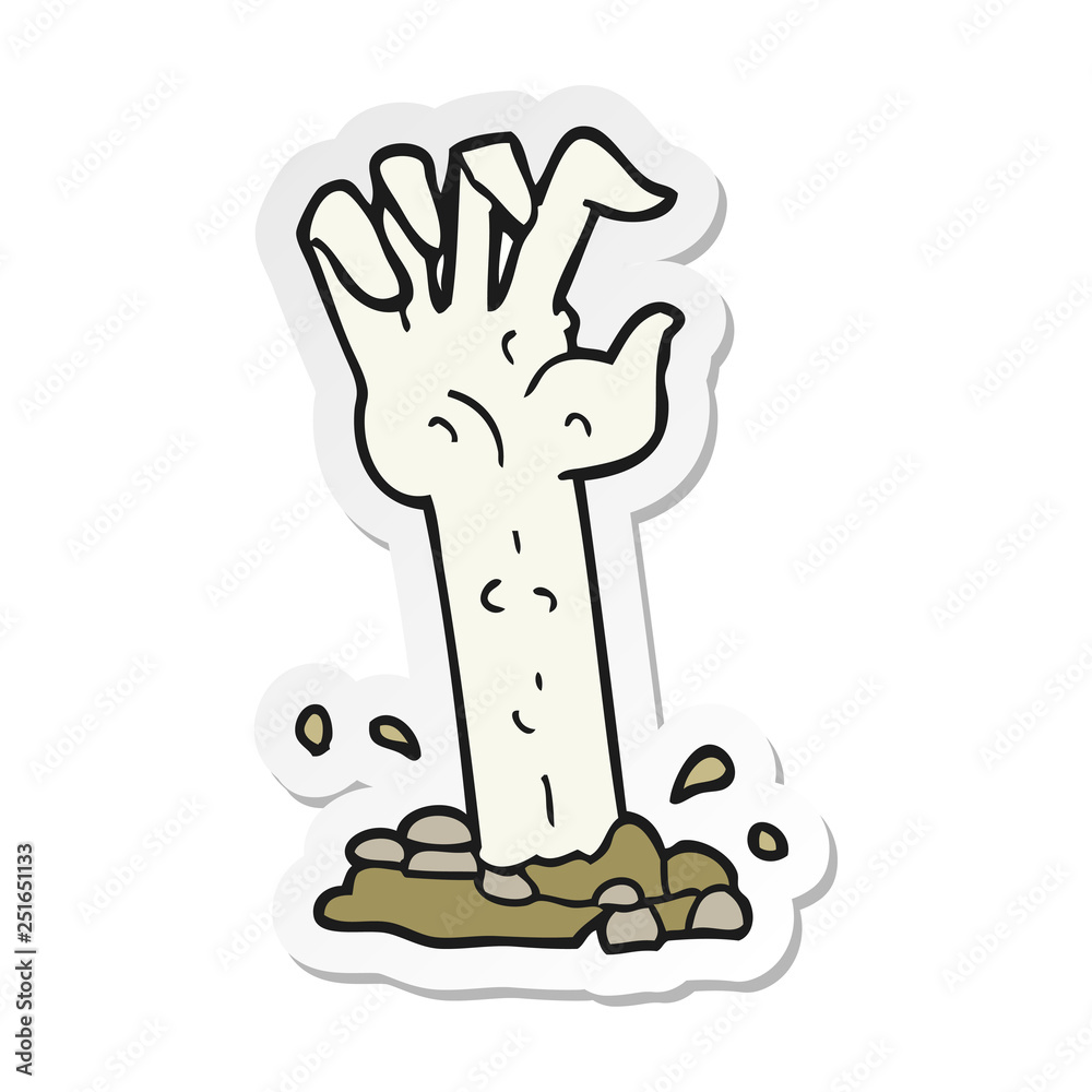 sticker of a cartoon zombie hand rising from ground sticker of a cartoon zombie hand rising from ground