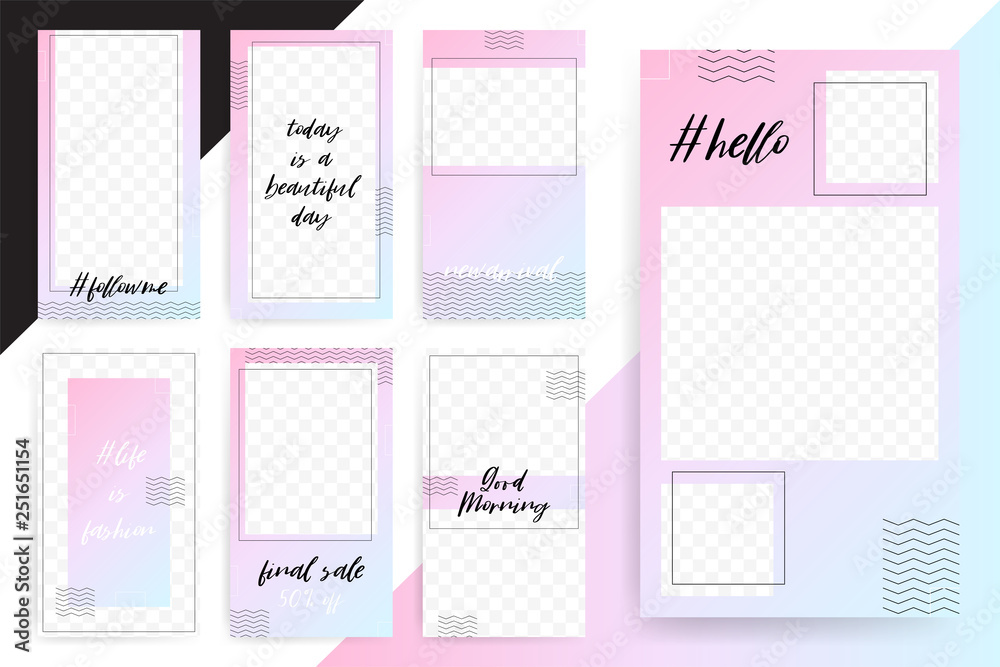 Set of 7 Bright editable template for Stories and Streams. Trendy pink blue fashion color. Vector illustration