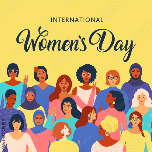 Female diverse faces of different ethnicity poster. Women empowerment movement pattern. International womens day graphic in vector.