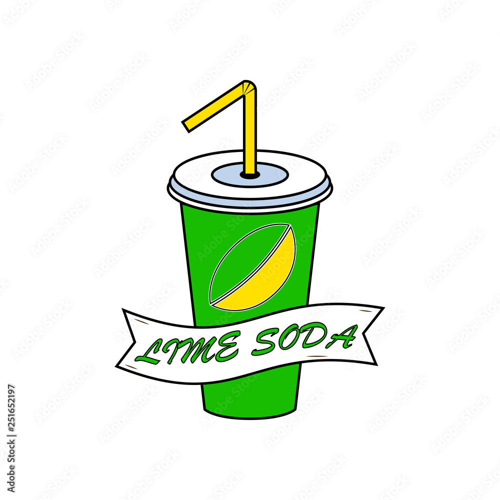 Lime soda cup with straw isolated on white background. Lemonade drink. Fast food concept. Vector cartoon design Lime soda cup with straw isolated on white background. Lemonade drink. Fast food concept. Vector cartoon design