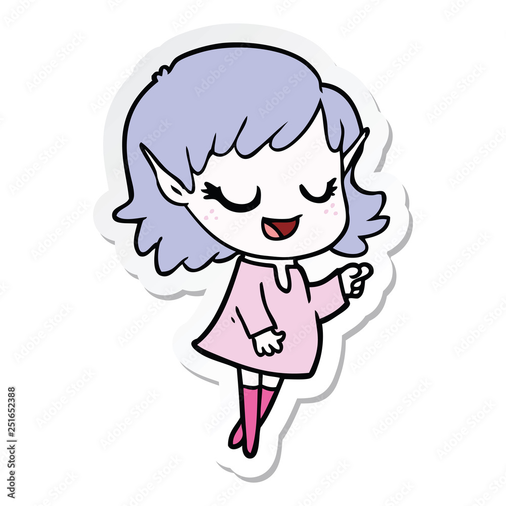 sticker of a happy cartoon elf girl pointing sticker of a happy cartoon elf girl pointing