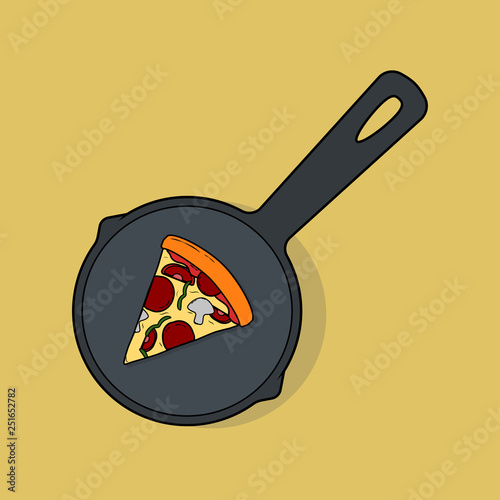 Pizza slice in pan isolated on white background. Logotype for pizzeria house. Food badge. Vector cartoon design