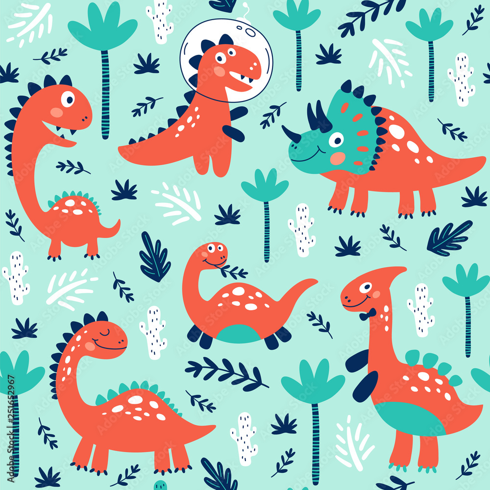 Seamless pattern with cute dinosaurs for children print. Vector