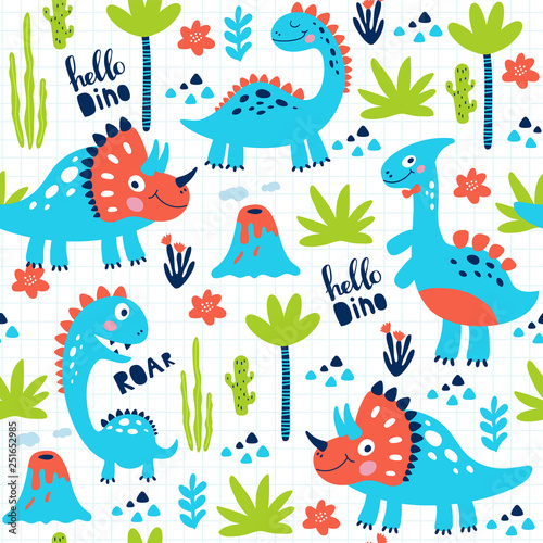 Seamless pattern with cute dinosaurs for children print. Vector