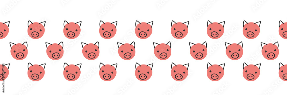 Pigs seamless vector border. Cute polka dot pig faces coral pink on white background. Geometric fun kids design. Use for fabric, kids decor, gift wrap, packaging, digital paper, nursery, new year card