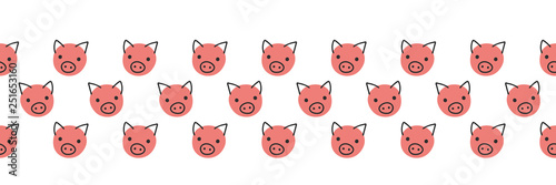 Pigs seamless vector border. Cute polka dot pig faces coral pink on white background. Geometric fun kids design. Use for fabric, kids decor, gift wrap, packaging, digital paper, nursery, new year card
