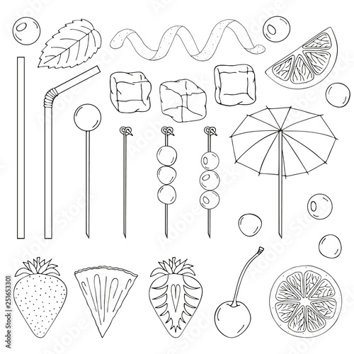 Big collection of elements for the decor of cocktails. Tubes, skewers, spiral, lemon, strawberry, cherry, olives, ice, umbrella, mint. vector illustration. isolated objects. black and white.