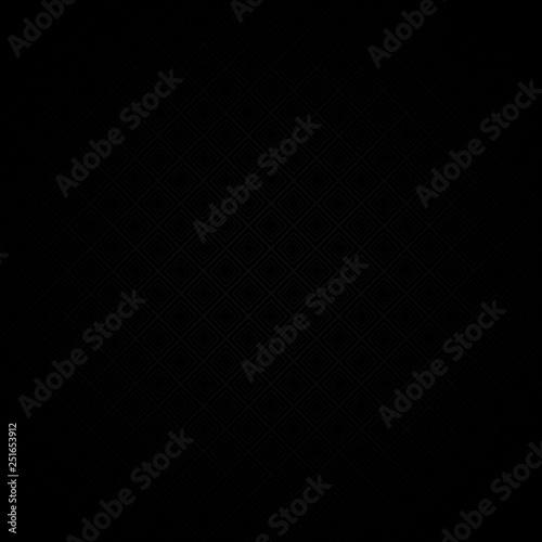 Geometric seamless pattern with tilted dark gray squares or rhombus on black background with vignetting.