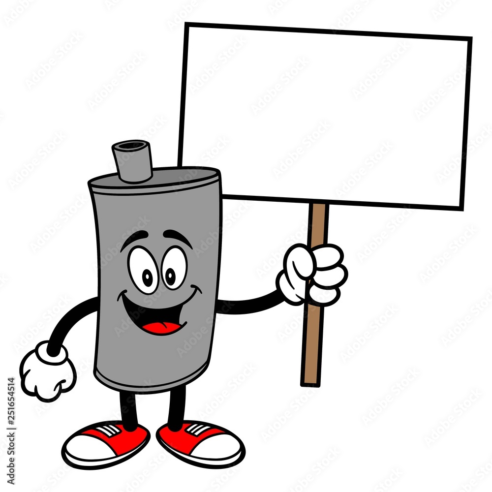 Car Muffler Mascot with Sign A vector cartoon illustration of a car muffler mascot holding a