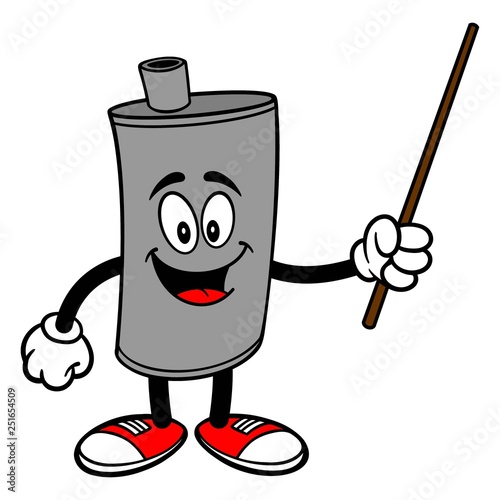 Car Muffler Mascot with a Pointer - A vector cartoon illustration of a car muffler mascot holding a Pointer stick.