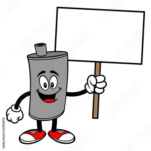 Car Muffler Mascot with Sign - A vector cartoon illustration of a car muffler mascot holding a blank Sign.