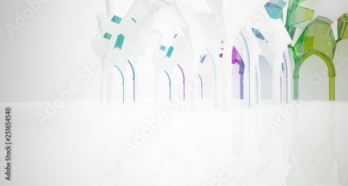 Abstract white and colored gradient glasses gothic interior. 3D illustration and rendering.