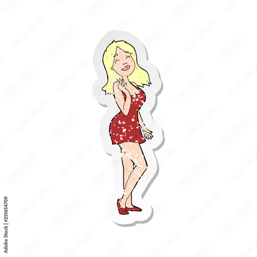 retro distressed sticker of a cartoon pretty woman in cocktail dress retro distressed sticker of a cartoon pretty woman in cocktail dress