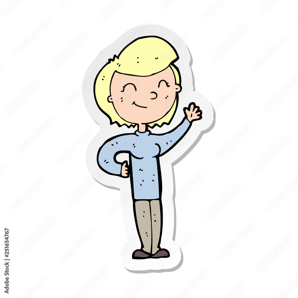 sticker of a cartoon friendly waving woman