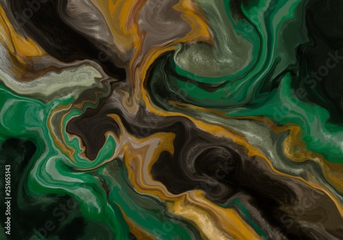 Super duper gorgeous abstract painting. Liquid paint technique background. Marble effect painting. Background for wallpapers, posters, cards, invitations, websites. Mixed green, gold and brown.