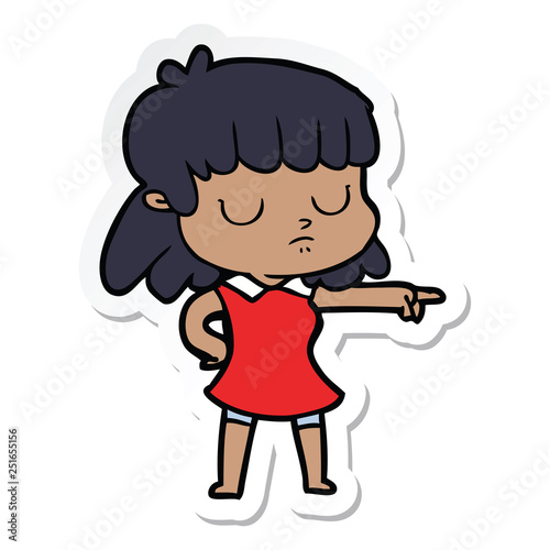 sticker of a cartoon indifferent woman pointing