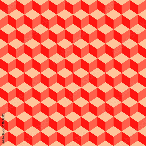 Red 3d cubes with a shadow in a perspective view. Seamless pattern. Vector background.