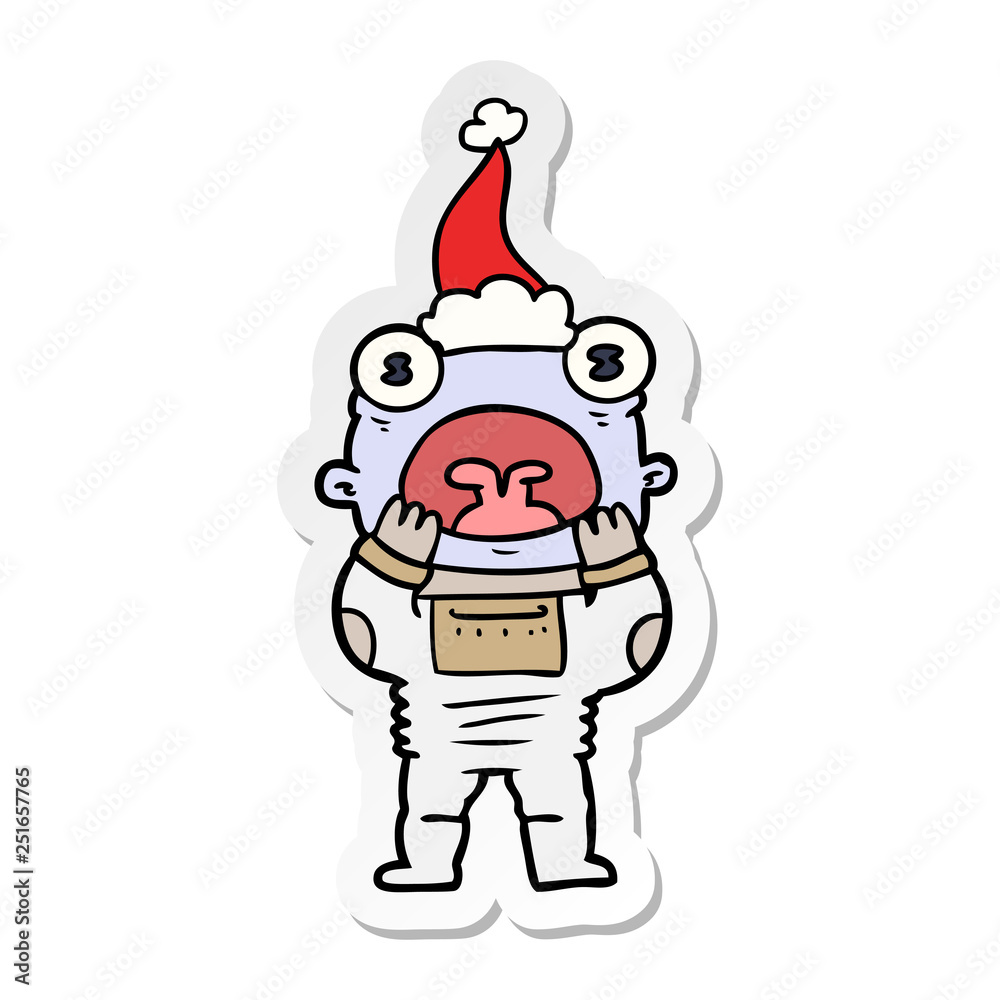 sticker cartoon of a alien gasping in surprise wearing santa hat sticker cartoon of a alien gasping in surprise wearing santa hat