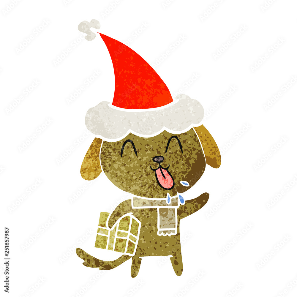 cute retro cartoon of a dog with christmas present wearing santa hat cute retro cartoon of a dog with christmas present wearing santa hat