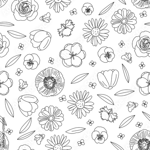 Vector hand drawn flowers: poppy, chamomile, tulip, pansies, aster, rose, sage.Vector sketching illustration.Seamless pattern.