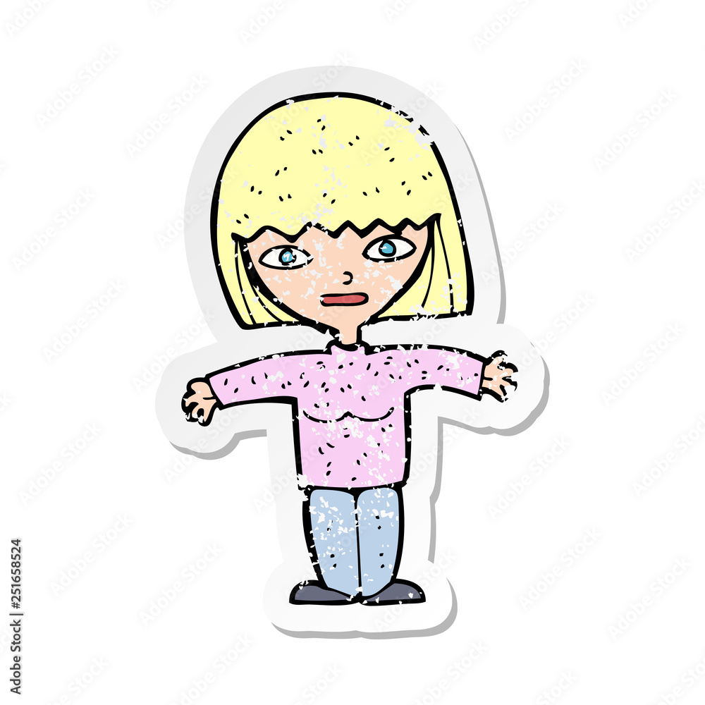 retro distressed sticker of a cartoon woman with open arms retro distressed sticker of a cartoon woman with open arms