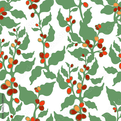 Vector seamless pattern. Green coffee tree, bean. Art floral wallpaper