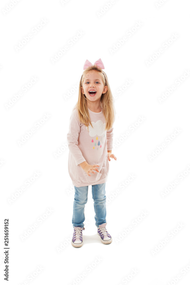 Very excited and screaming little girl. Isolated on white background Very excited and screaming little girl. Isolated on white background