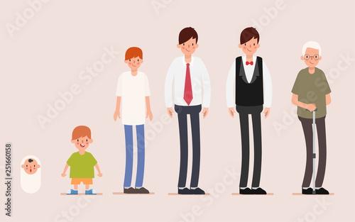 Man infographic age grow up lifespan. Babe to childrend to young to married and then older. Animation cartoon for motion graphic. photo
