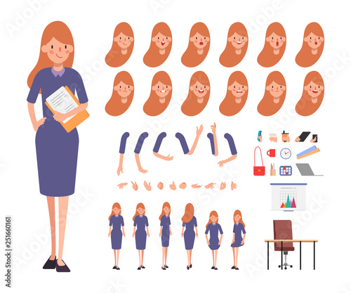 Business woman character creation for animation. Ready for animated face emotion and mouth. Office tutorial.