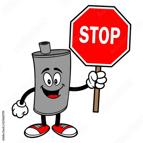 Car Muffler Mascot with a Stop Sign - A vector cartoon illustration of a car muffler mascot holding a Stop Sign.